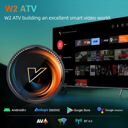 Black W2 ATV Android TV Box with AndroidTV 11, Amlogic S905W2, dual WiFi, HDMI 2.1, and 2.4G remote control