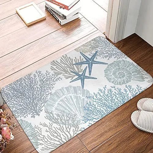 Household fashion flannel floor mat in sfq-beach starfish print, square shape, modern simplicity style, 60x90cm size