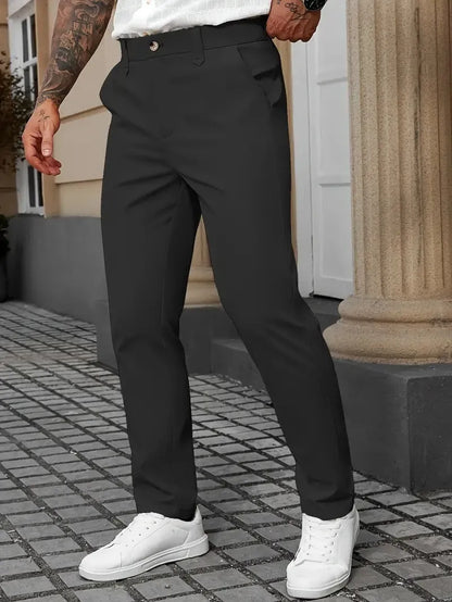 Men's straight leg business trousers in four colours: black, apricot, grey, and white.