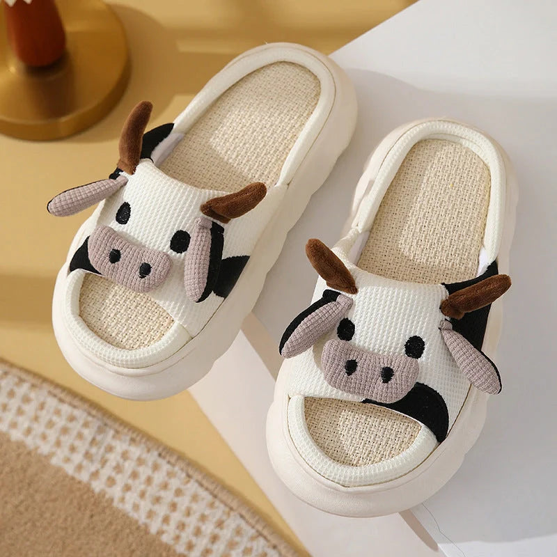Cartoon Cow Frog Slippers with non-slip soles and linen uppers