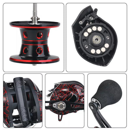 Baitcasting fishing reel with magnetic brake and high gear ratio in crack red