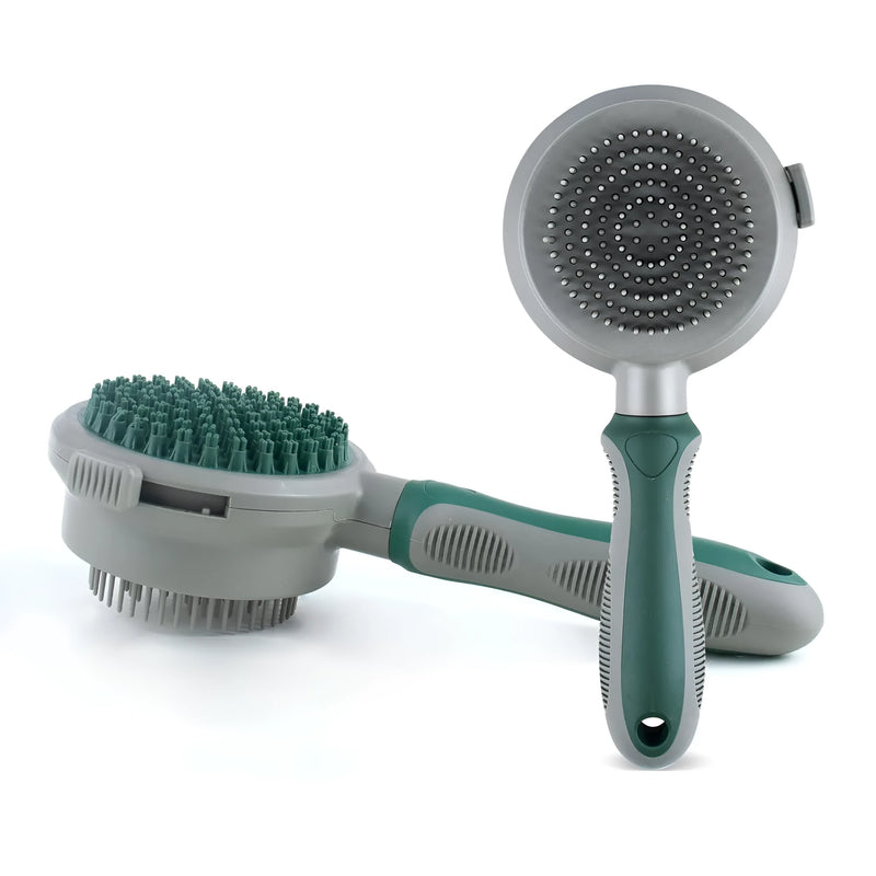 2-in-1 Silicone Cat and Dog Grooming Brush with Retractable Slicker and Massager for Detangling, Bathing, and Reducing Shedding