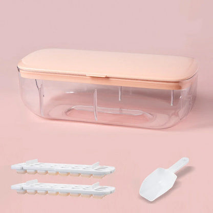 Quick release ice cube tray set with storage box and scoop, available in yellow, blue, and pink