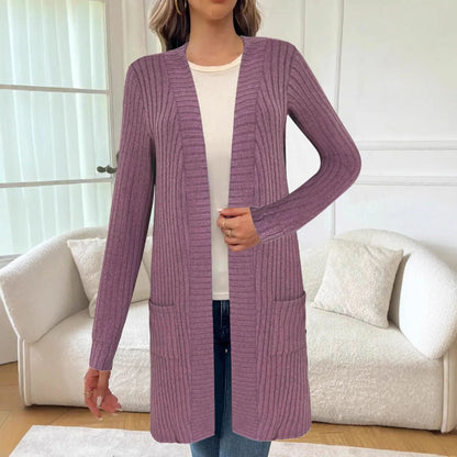 A loose-fit long sleeve knitted cardigan jacket with pockets, shown in black, grey, or wine red.