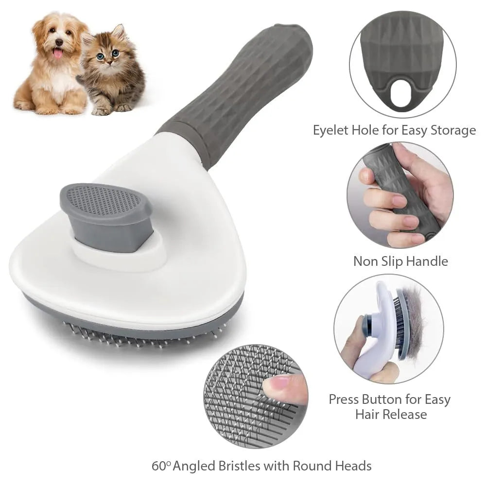 Blue cat brush with release button and fine wire bristles for grooming pets