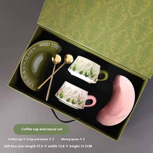 Ceramic coffee cup and saucer set with 300ml capacity, includes two cups, two saucers, two spoons