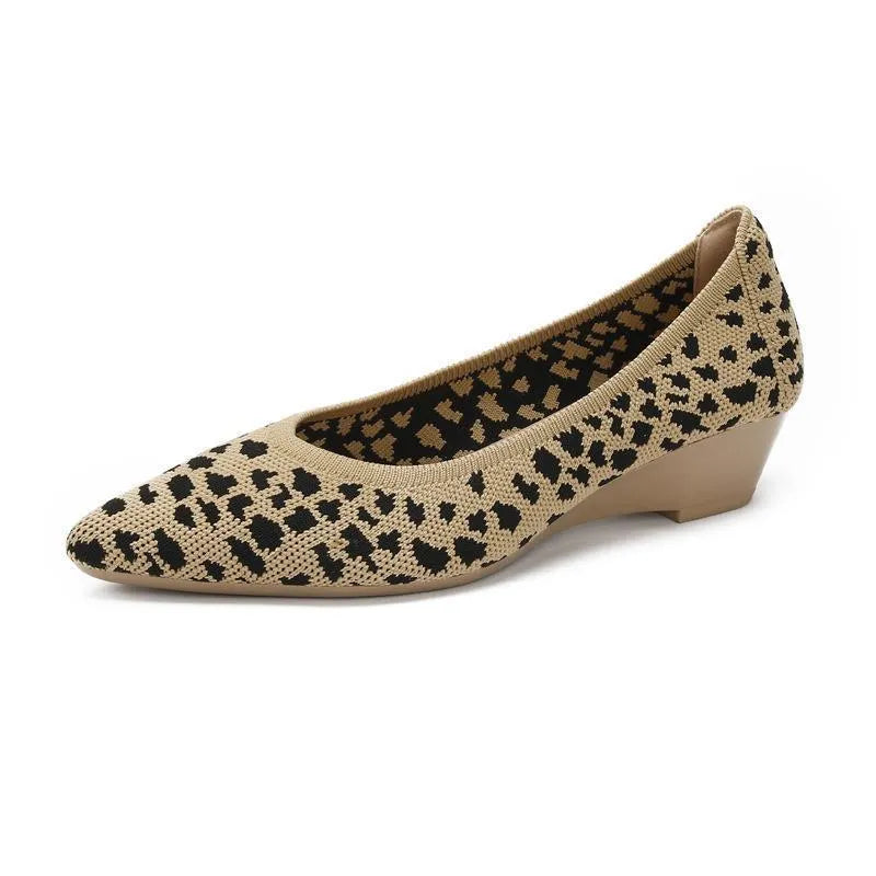 Women's leopard brown flyknit mesh pointed toe wedge pumps with a low rubber sole.