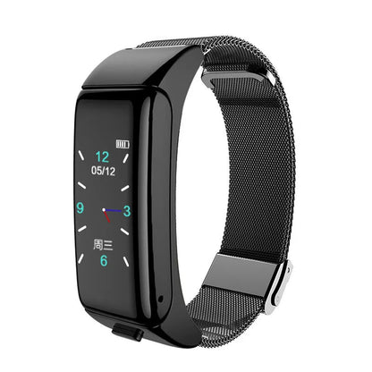 Two-in-one Bluetooth headset smart watch with zinc alloy backing, black leather strap, and magnetic charging cable.