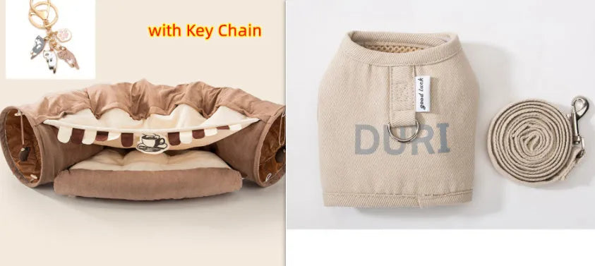 Collapsible cat tunnel in cloth material showing Bar, Coffee, Matcha and Pink colour options