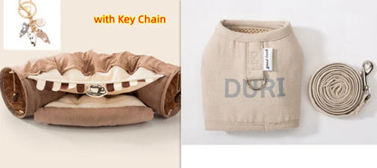 Collapsible cat tunnel in cloth material showing Bar, Coffee, Matcha and Pink colour options