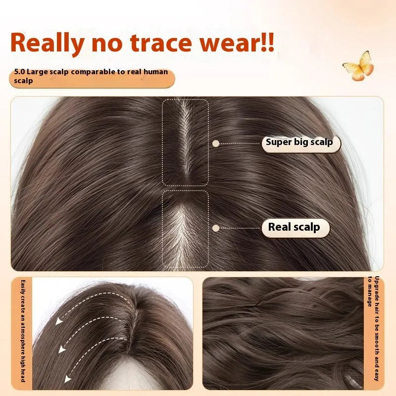 Full head synthetic wig with long curly brown hair and side bangs, made from high temperature fibre.