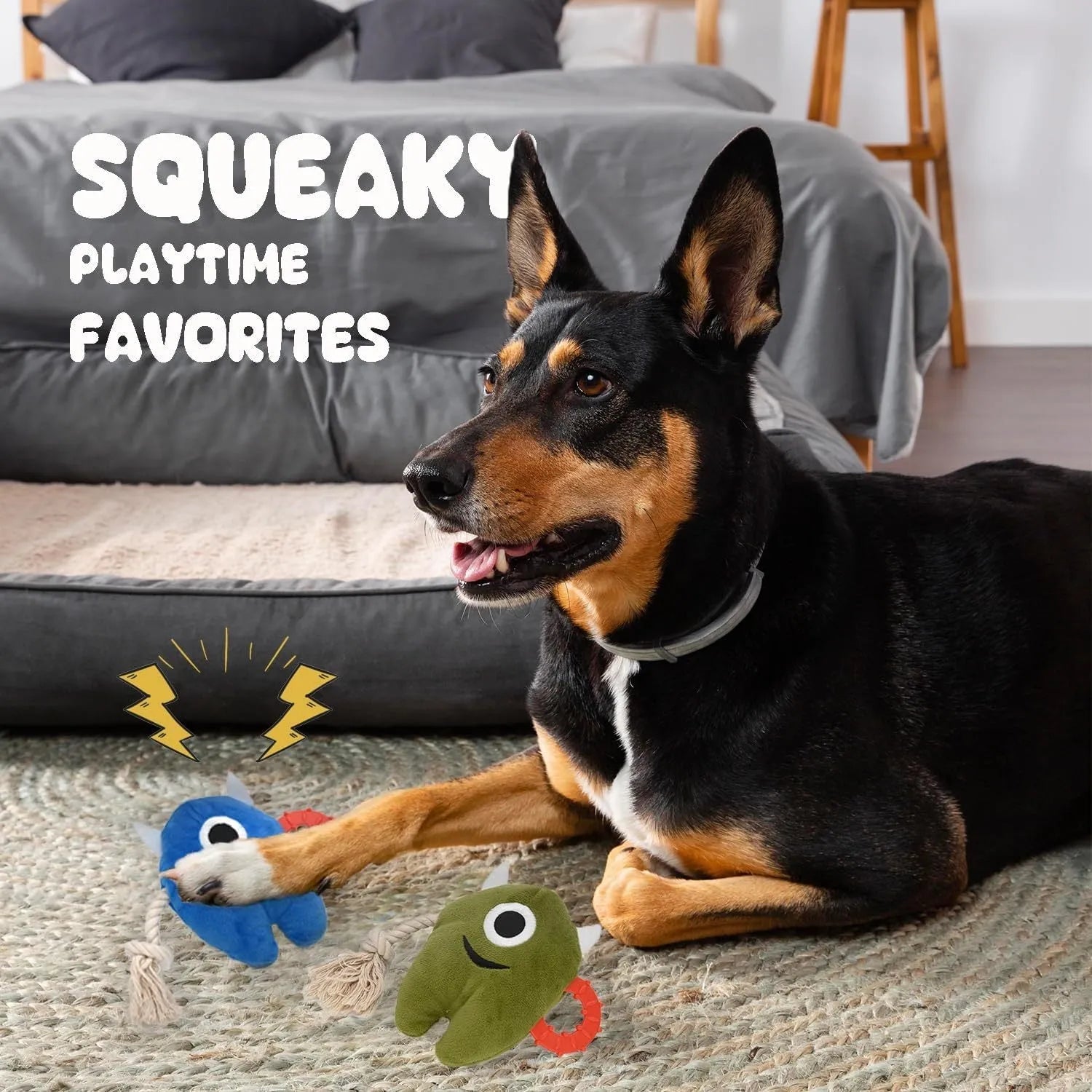 Blue and green plush dog toy with integrated cotton rope and squeaker for interactive play