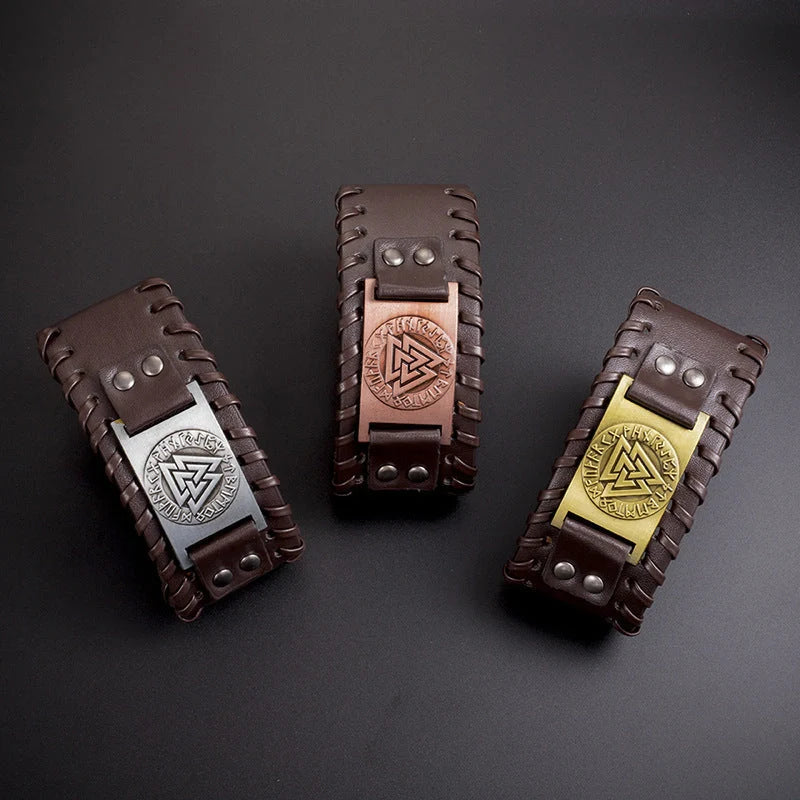 Nordic Viking PU Leather Bracelet with triangle energy design, adjustable buckle, and durable construction.