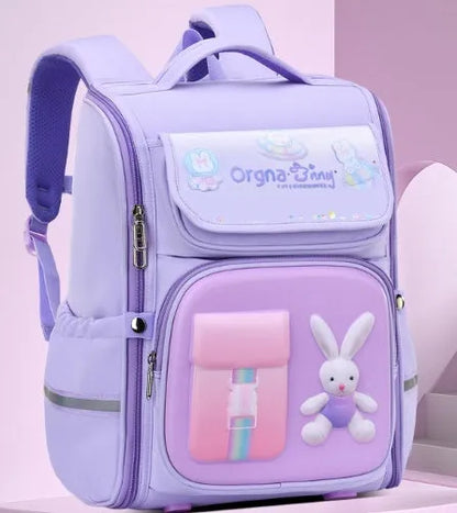Children's cartoon backpack with airpillow straps in rabbit pink colour showing size comparison