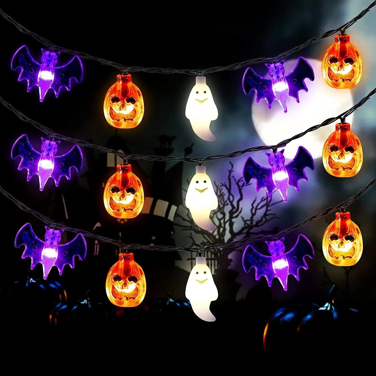 LED Halloween string lights with pumpkin, spider, bat, and skull designs for indoor and outdoor decor