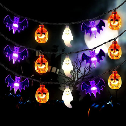 LED Halloween string lights with pumpkin, spider, bat, and skull designs for indoor and outdoor decor