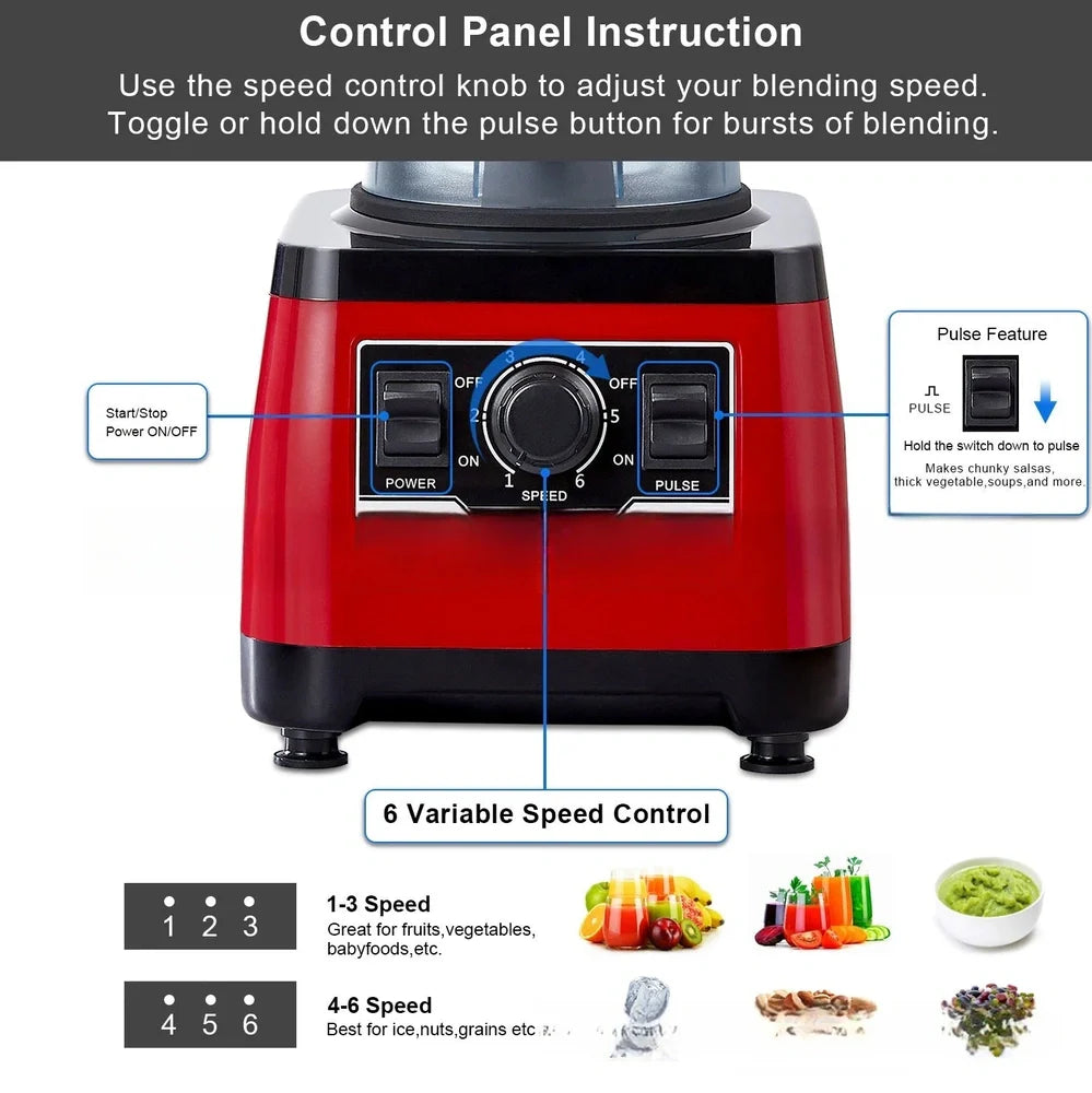 Red commercial blender with 2200W motor and 2L capacity for professional kitchen use