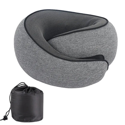 U-shaped grey memory foam travel neck pillow with storage bag.
