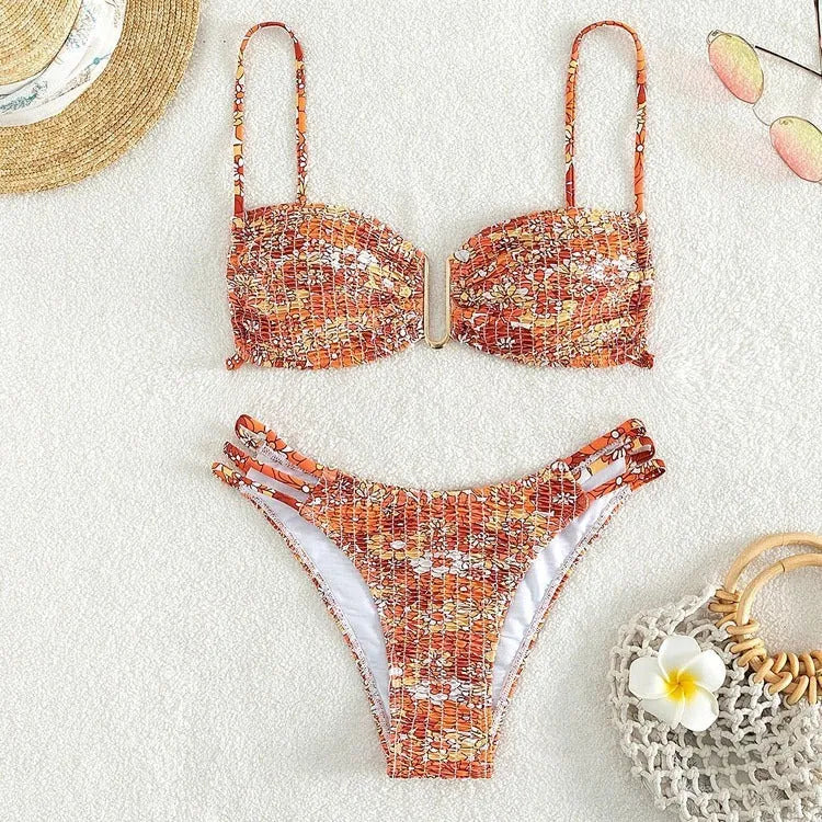Women's floral bikini swimsuit set with high-waisted briefs in solid colours