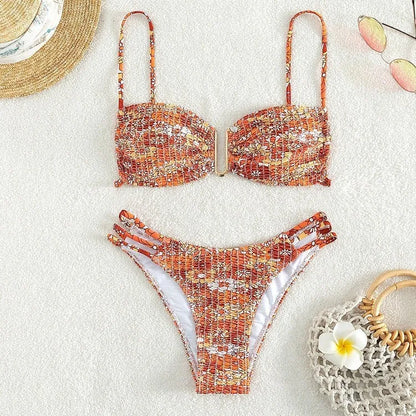 Women's floral bikini swimsuit set with high-waisted briefs in solid colours