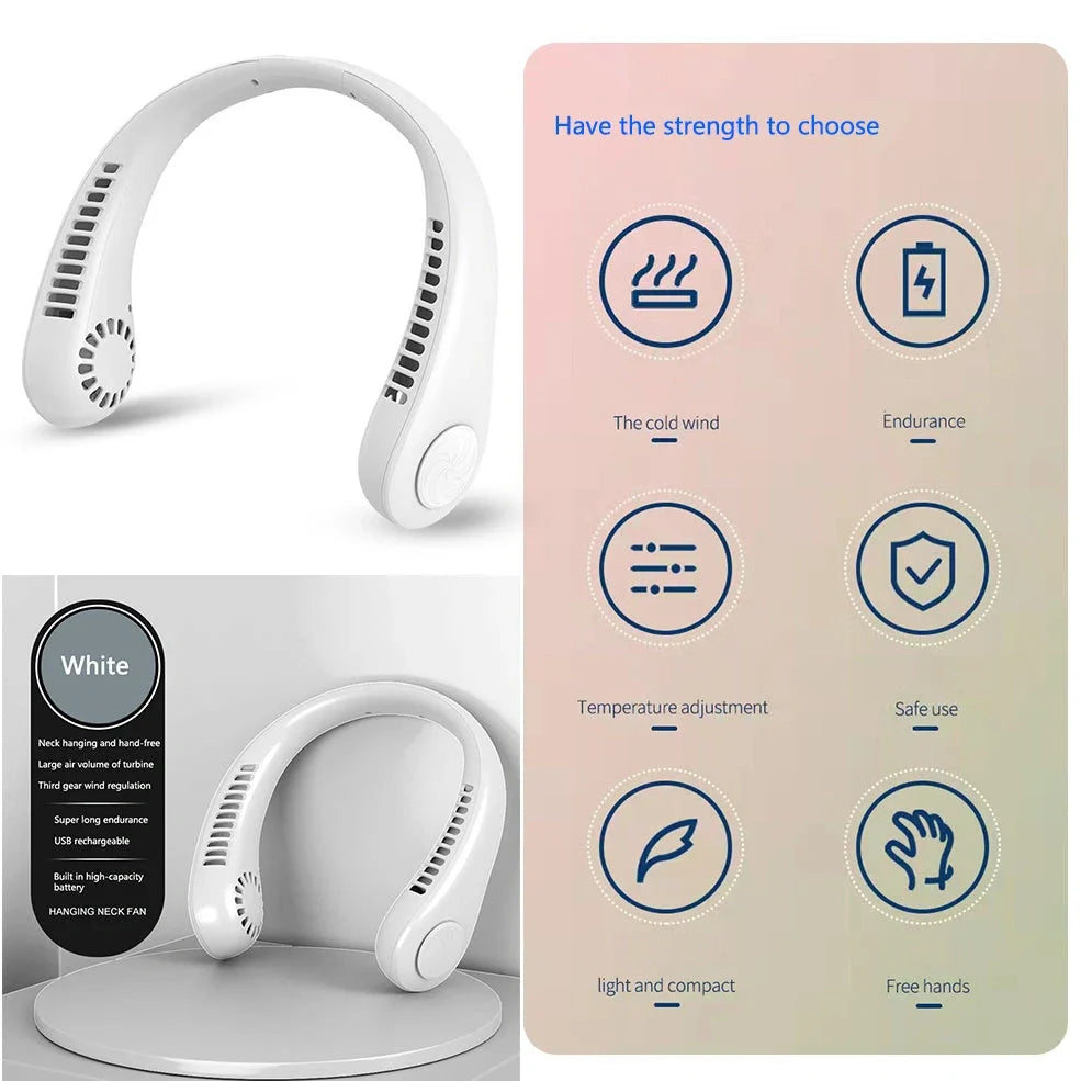 White hanging neck fan with flexible dual wind heads showing 78 air outlets and USB Type-C charging port