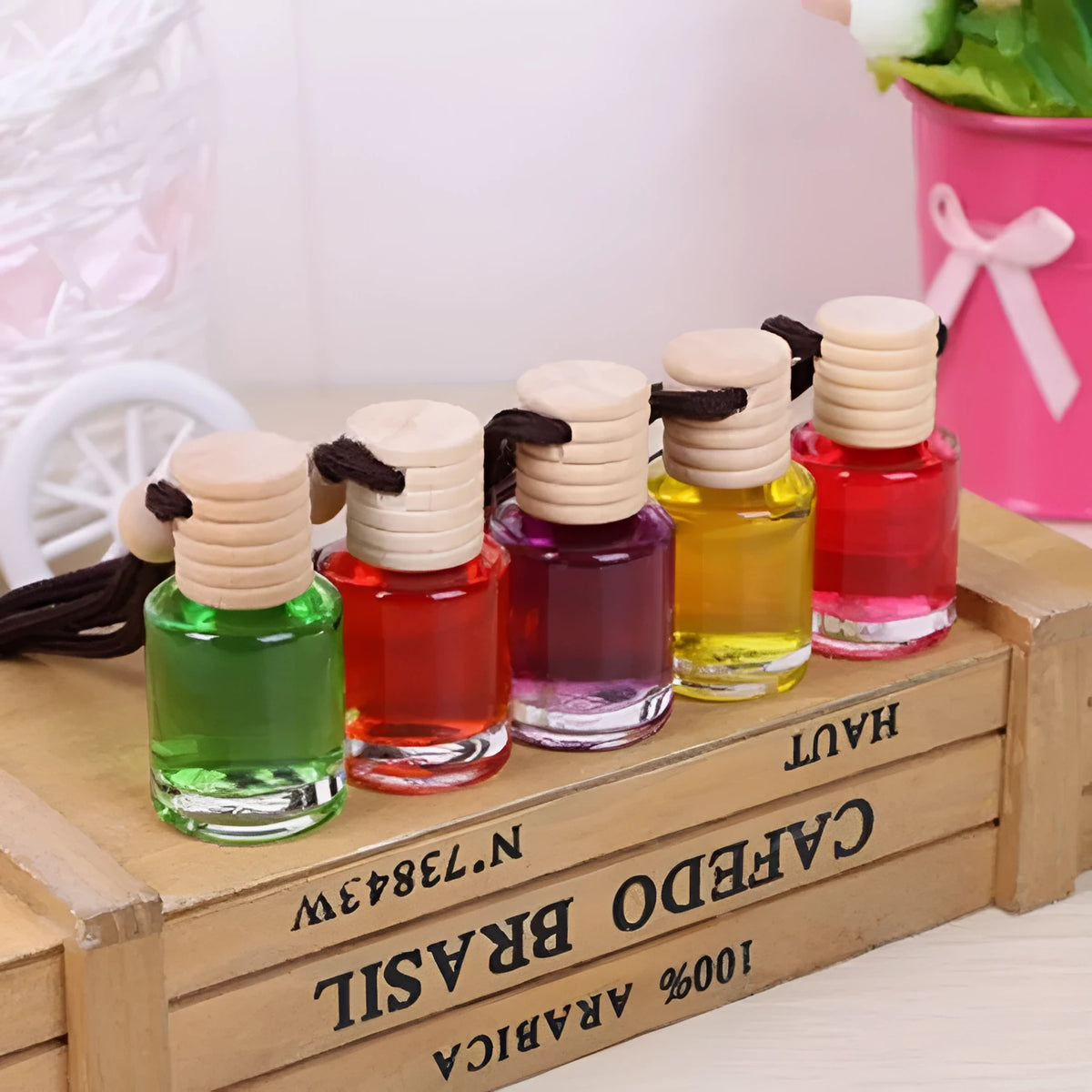 Glass bottle car air freshener hanging ornament with six scent options including lavender, lemon and apple