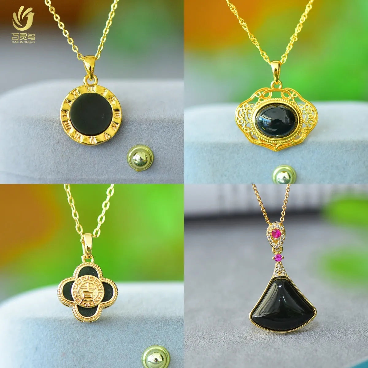Flat grey Hetian Jade pendant with ink blue jade details and copper inlay on a necklace chain
