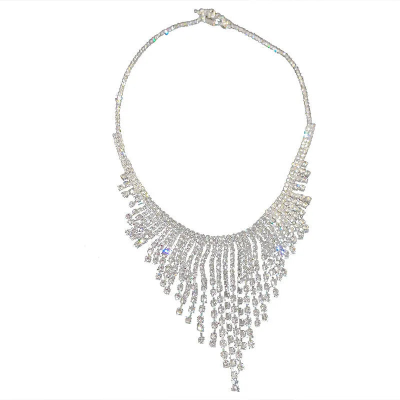 Silver tone tassel necklace with geometric alloy pendant and ball bead chain, 21-50cm circumference
