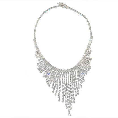 Silver tone tassel necklace with geometric alloy pendant and ball bead chain, 21-50cm circumference