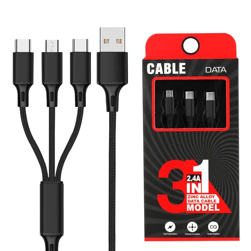 Three-in-one charging cable with nylon braid in red, blue, gold, black, silver, and rose gold colour options.