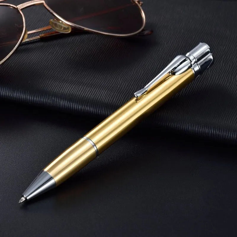 Silver metal pen-style jet lighter with side ignition button and windproof flame.