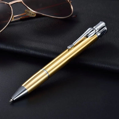 Silver metal pen-style jet lighter with side ignition button and windproof flame.