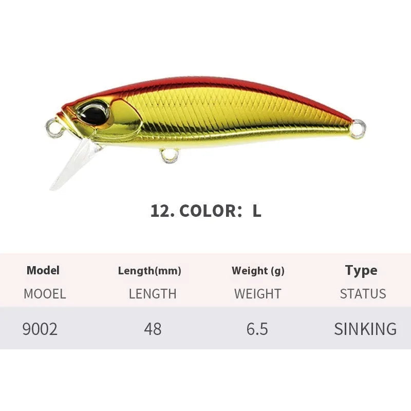 Japanese fishing lure with submerged mino design, 48mm length, 6.5g weight, shown in multiple colour variations