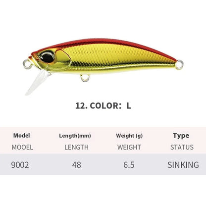 Japanese fishing lure with submerged mino design, 48mm length, 6.5g weight, shown in multiple colour variations