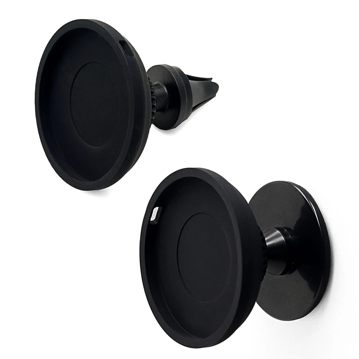 Black magnetic car phone holder showing both air vent mount and base dashboard mount options