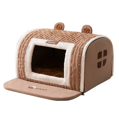 Brown bear arc dog bed with raised sides, velvet fabric, for small dog sleeping.