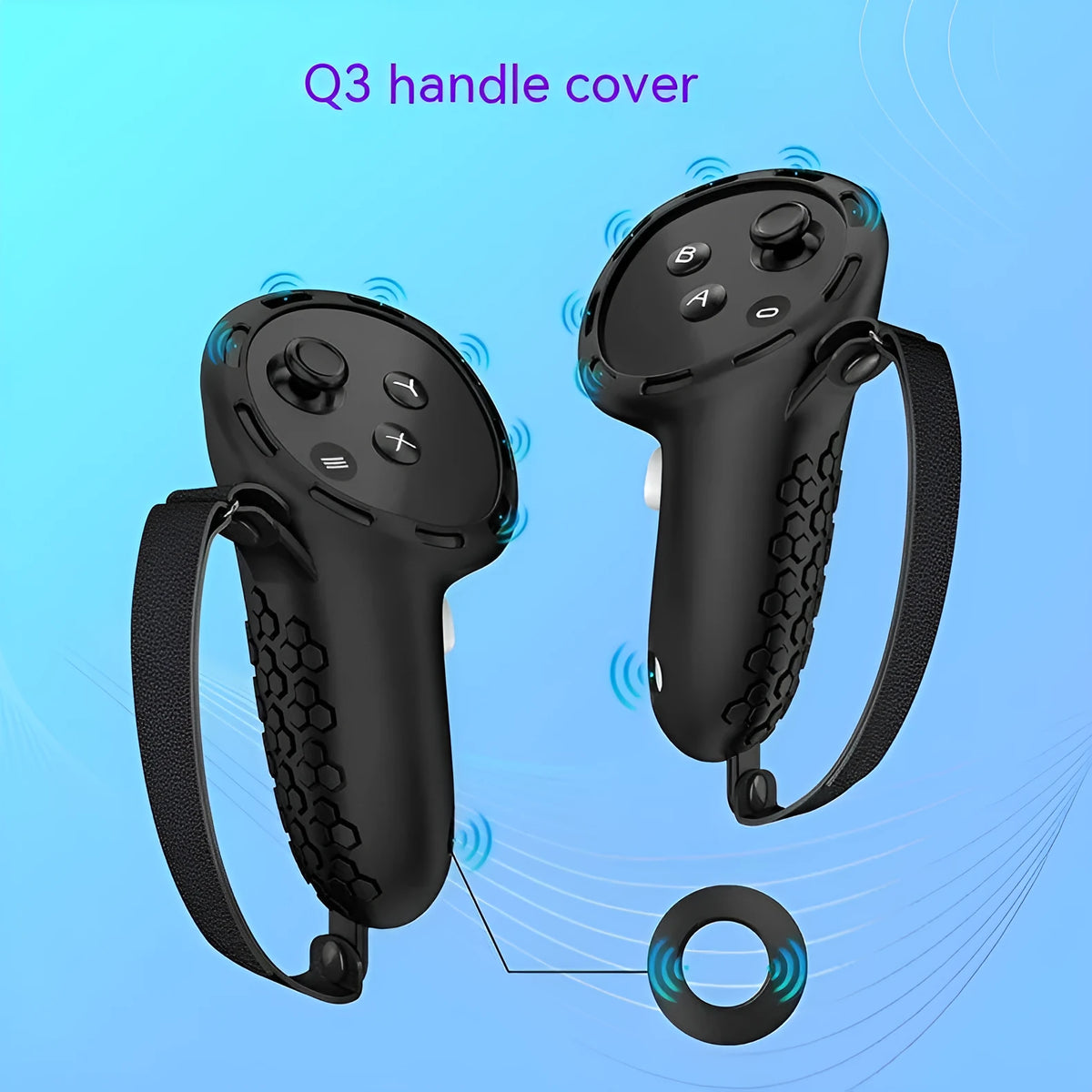 Meta Quest 3 VR controller with black silicone protective sleeve and wrist strap attached