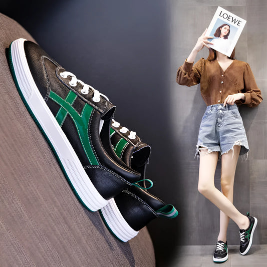 Korean style casual sneakers with elastic bands, cowhide upper and round toe in white or black