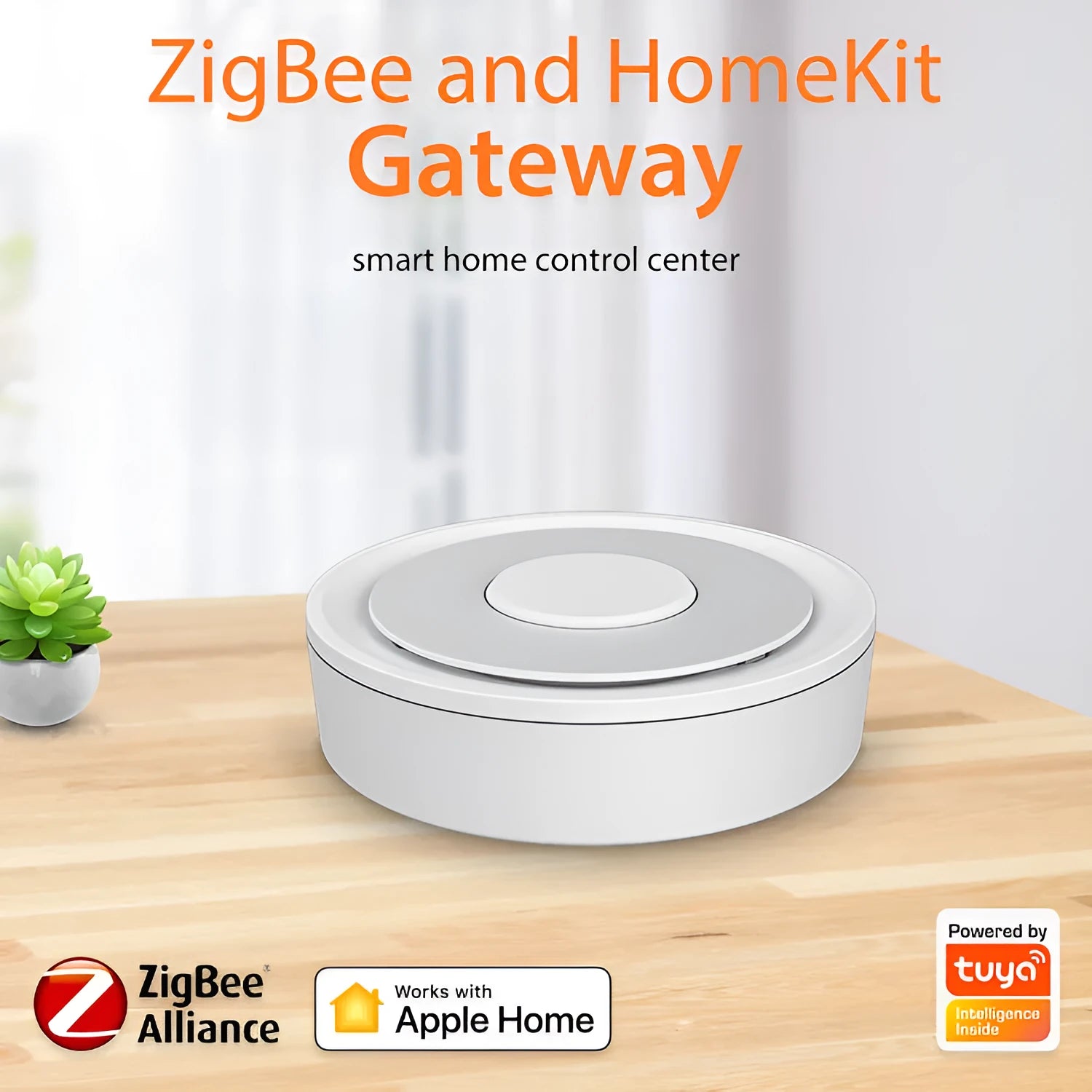 White square ZigBee 3.0 smart home gateway measuring 78mm with USB power connection