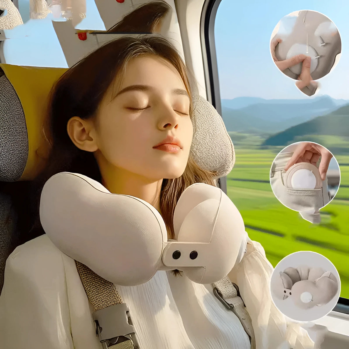 Cartoon cloud bubble coloured U-shaped portable travel neck pillow shown compressed and packed.