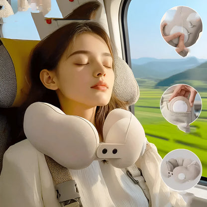 Cartoon cloud bubble coloured U-shaped portable travel neck pillow shown compressed and packed.