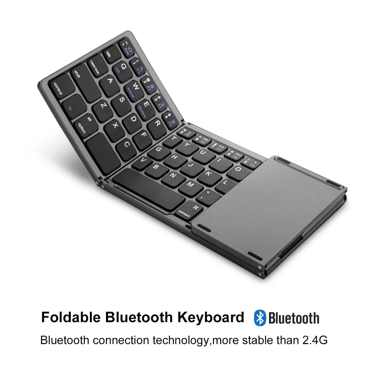 Tri-fold Bluetooth keyboard in black showing compact folded size next to smartphone