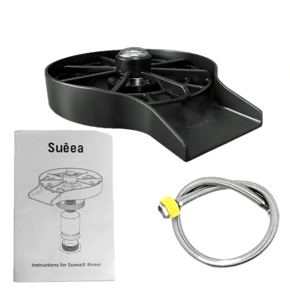 Black 3-piece bar cup washer with tee joint and braided hose for multi-glass cleaning
