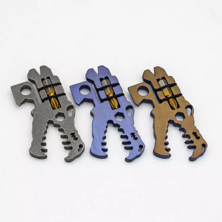 Dinosaur Head Tool in TC4 titanium, available in grey, blue, and copper