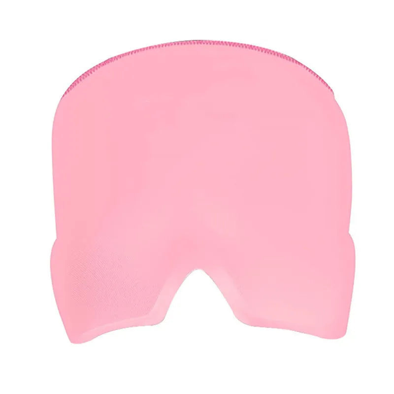 Black elastic gel headache relief mask laid flat showing eye contours and adjustable headband.