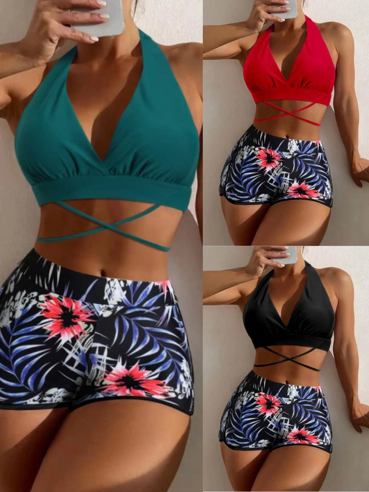 High waist split bikini in peacock green, red, or black, nylon outer with polyester lining, sizes S to XL