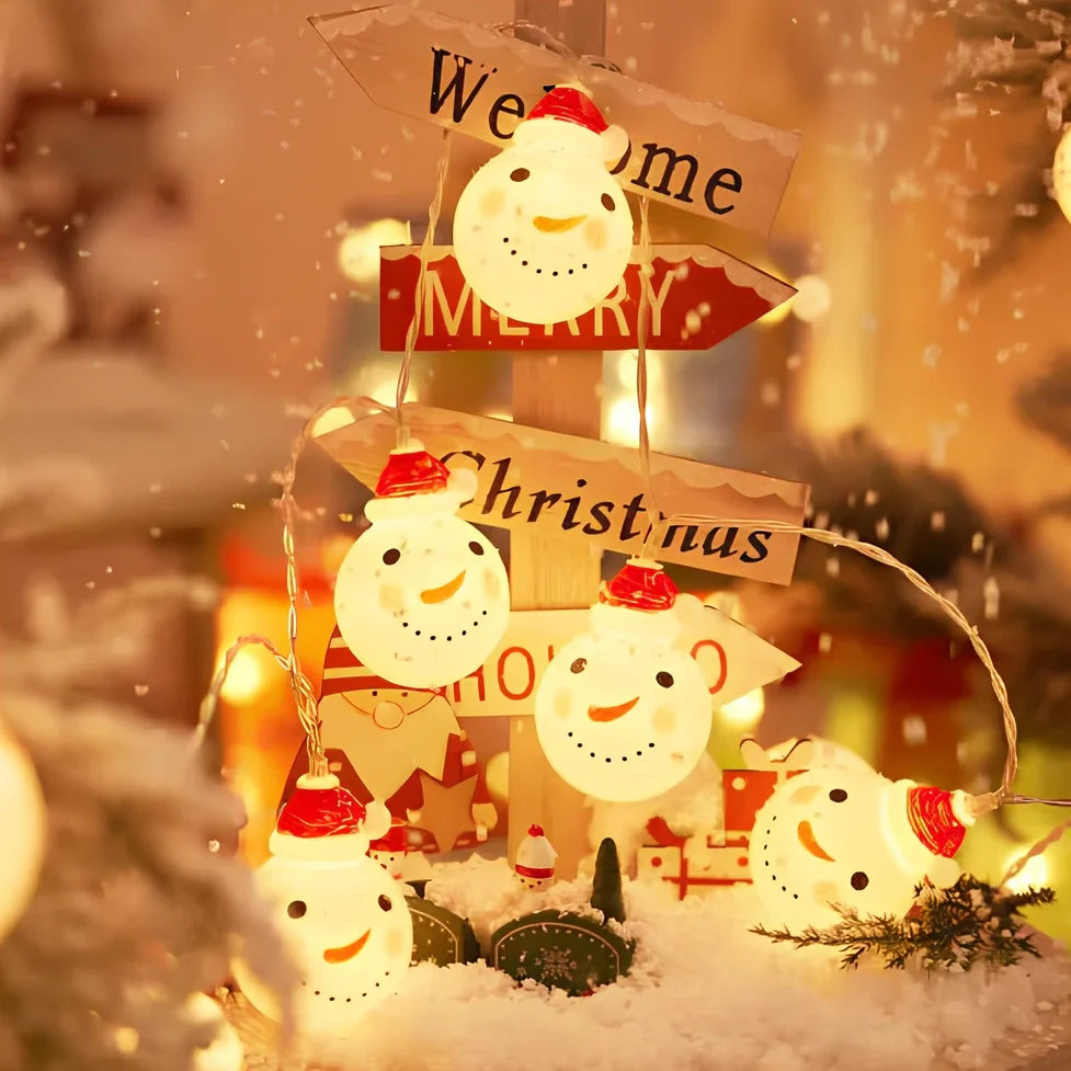 Snowman Christmas string lights with warm white glow, multiple power options, and remote control
