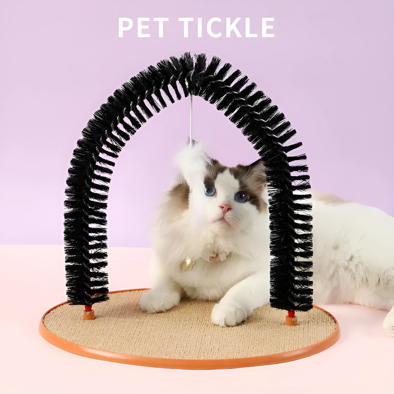 Black arch-shaped cat grooming brush with scratching fibre and an attached mouse toy on a non-slip base
