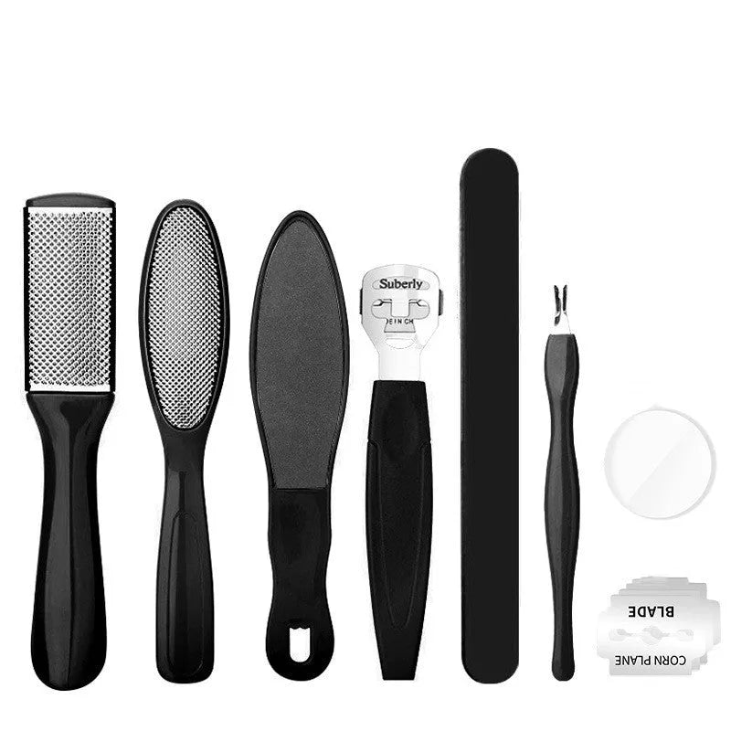 Pedicure tool set for dead skin removal and foot care, includes foot planer, scrubber, and more