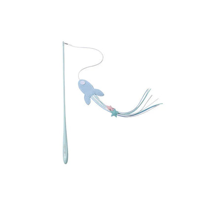 Blue and green long pole cat toy with feather attachments for interactive indoor play with kittens